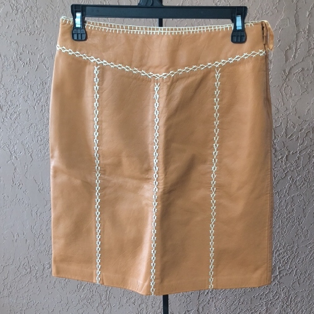 GAP Khakis Vintage Y2K Camel Brown Leather Stitched Skirt Size 2
